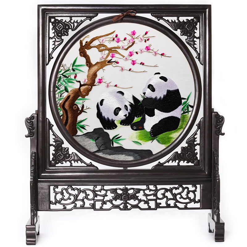 蜀绣手工刺绣檀木双面绣大号摆件四川特色装饰工艺送外宾出国礼品