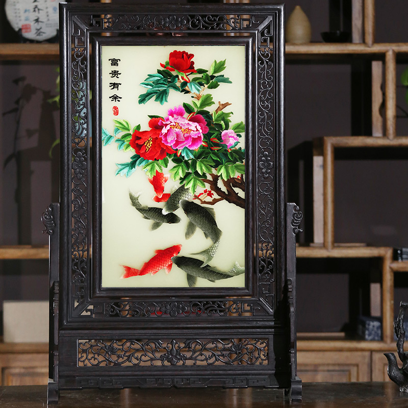 老秀馆蜀绣精品双面绣富贵有余牡丹花鸡翅木摆件送领导中国风礼品