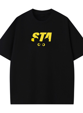 STA国潮猫咪眼睛印花短袖男女夏季新款美式潮牌重磅纯棉黑色T恤