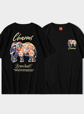 多彩重工刺绣大象T恤夏季半袖男女同款情侣款宽松版型薄款纯棉