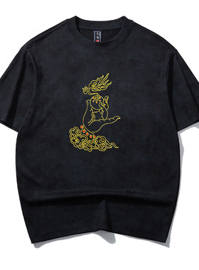 (宝珠佛手)夏季新款国潮棉料宽松重工刺绣圆领短袖半袖T恤潮情侣