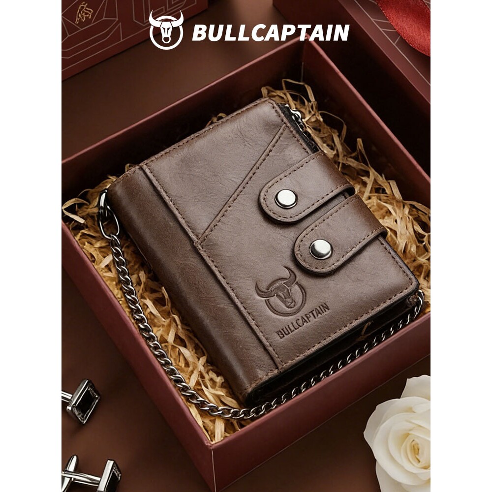 牛船长皮具rfid钱包男真皮复古拉链三折头层牛皮皮夹子Wallet man
