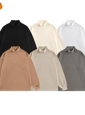 T恤衫纯色男女内高领重磅长袖情侣半搭秋冬宽松300G供应厂家打底