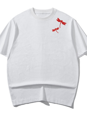 夏季蜻蜓刺绣国潮圆领短袖T恤水洗男士潮流上衣时尚情侣男装