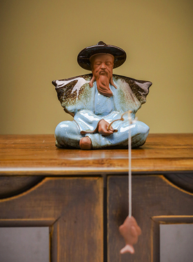 创意新中式紫砂人物姜太公老翁钓鱼客厅玄关鱼缸造景软装陶瓷摆件