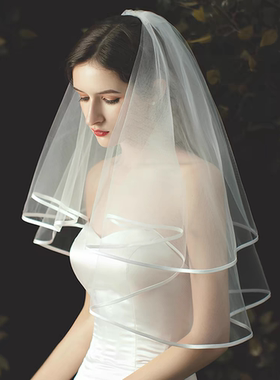森系简约新娘头纱新款白色双层包边缎带短款面纱领证婚纱头饰长款