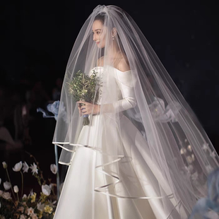亲爱的 白色头纱云苓超长头纱拖地新娘缎面包边主婚纱大女主头纱