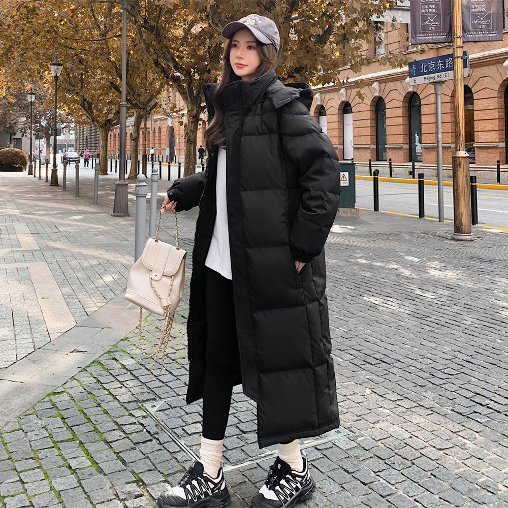 2025新款黑色90白鸭绒加厚中戏情侣长款过膝女冬季宽松大码羽绒服