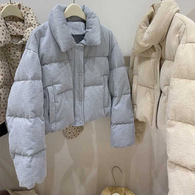 韩系立领小碎花灯芯绒短款羽绒服