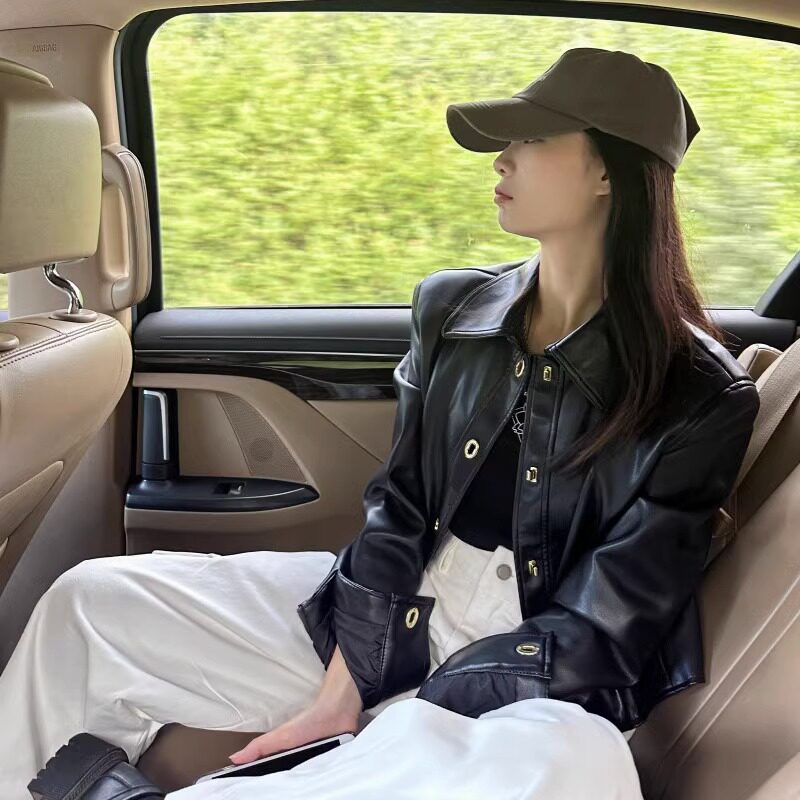 黑皮衣外套女早秋2023新款皮夹克短款修身小个子pu皮机车显瘦港风