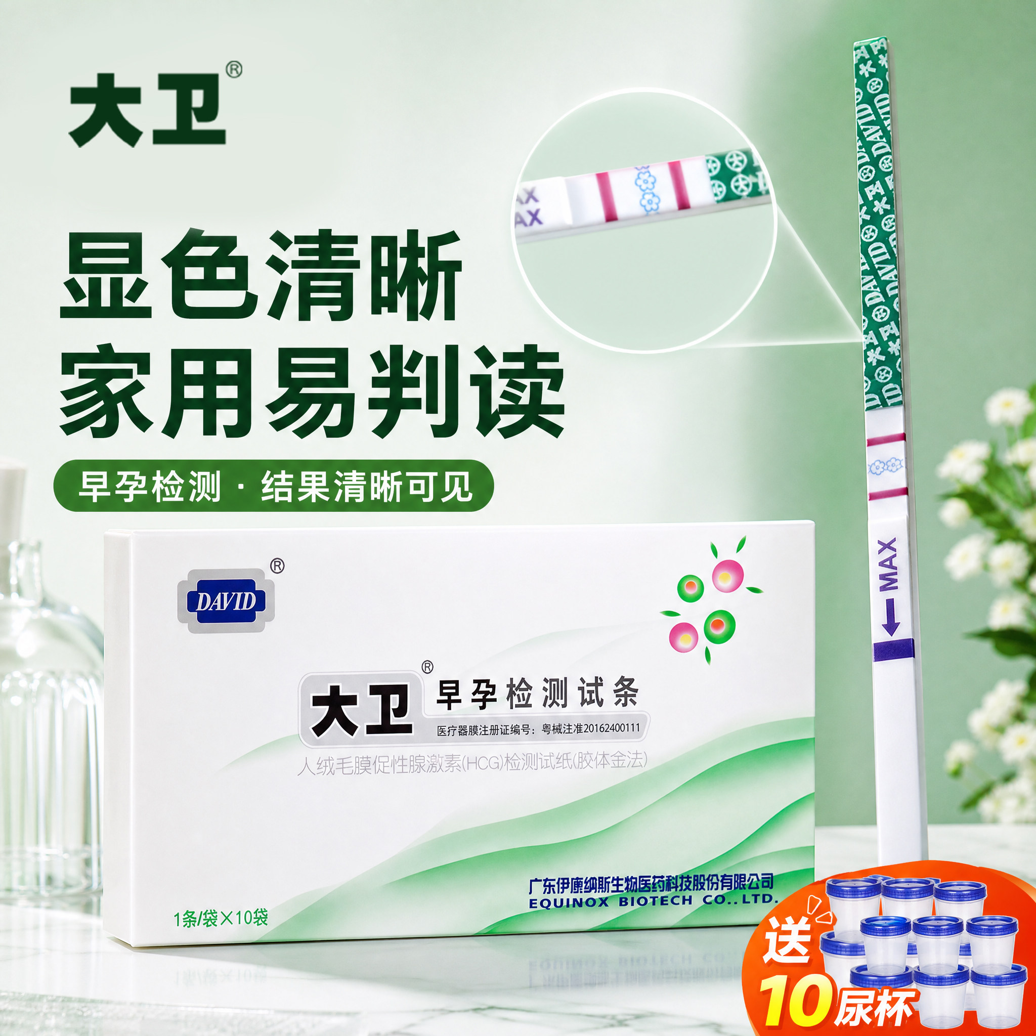 大卫早孕试纸10条装家用晨尿测孕送尿杯验孕试纸避孕人群适合hcg