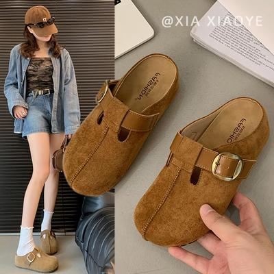 厚底复古包头半拖鞋女外穿2025新款秋冬丑萌勃肯鞋一脚蹬懒人拖鞋