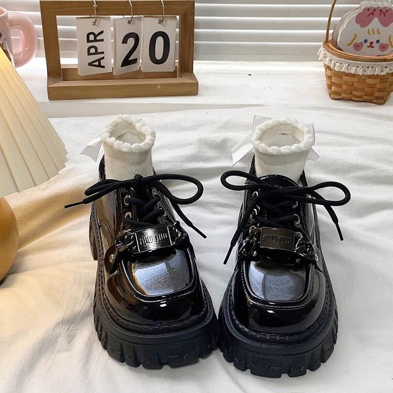 黑色英伦风小皮鞋女2025年秋季新款百搭松糕厚底系带配裙子jk单鞋