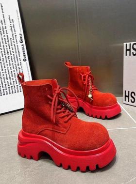 7CM黄色复古小个子增高厚底马丁靴女款2025新款秋季显瘦法式短靴