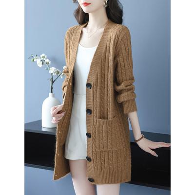 秋冬新款轻熟简约风羊毛针织开衫女士中长款纽扣显瘦百搭毛衣外套