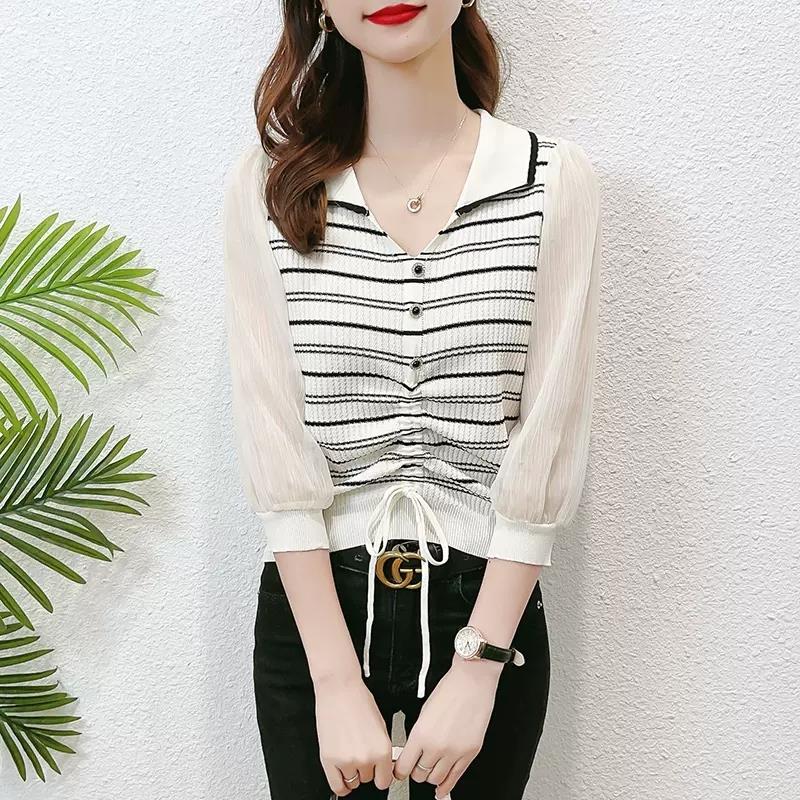 娃娃领抽绳七分袖上衣女2025初春新款条纹中袖早春冰丝针织衫薄款