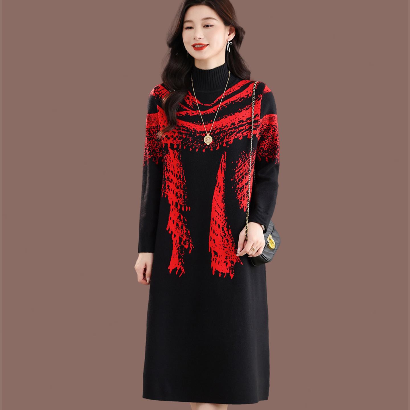 半高领过膝配大衣内搭毛衣裙女秋冬中长款羊毛针织连衣裙打底裙子