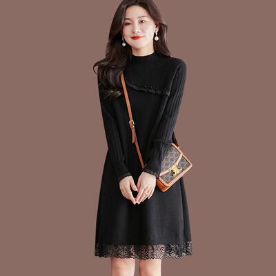 配大衣蕾丝针织连衣裙女秋冬新款内搭羊毛衫中长款打底毛衣