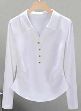 纯棉翻领长袖t恤女2025秋装新款洋气polo领休闲减龄打底卡腰上衣