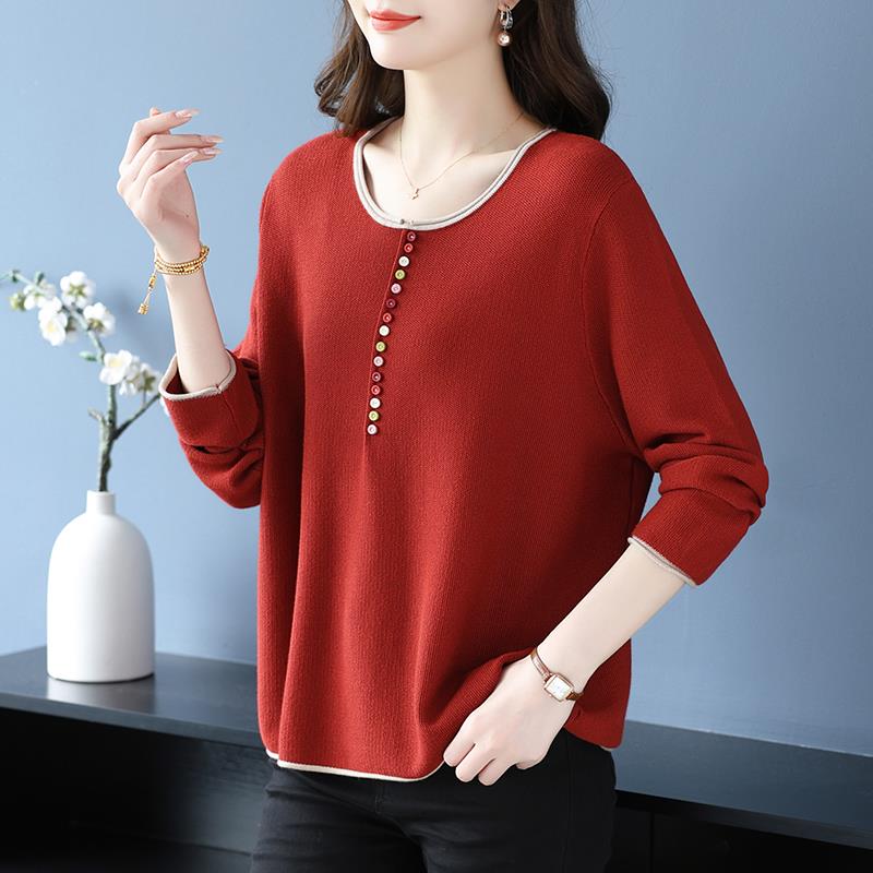 2025新款中长款高级感圆领针织衫女宽松遮肚纽扣装饰毛衣打底衫