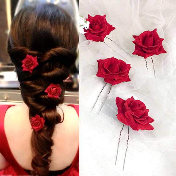 中式新娘头饰红色头花女手工制作布艺玫瑰花发饰秀禾盘发结婚饰品