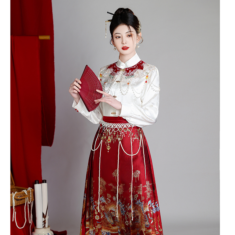 绣花云肩红色马面裙敬酒服新中式织金仿妆花新娘结婚订婚服套装