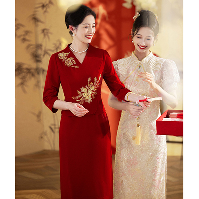 红色妈妈装结婚礼服2025新款高贵年轻小个子喜婆婆婚宴装平时可穿