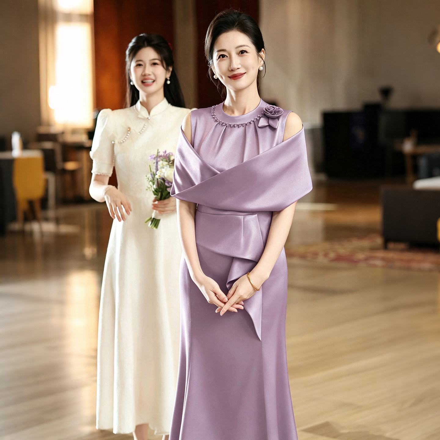 紫色喜婆婆婚宴晚礼服2026新款高贵年轻妈妈装婚礼连衣裙高端洋气图片