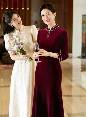 红色丝绒喜婆婆婚宴装旗袍中式婚礼妈妈装结婚礼服高贵年轻小个子