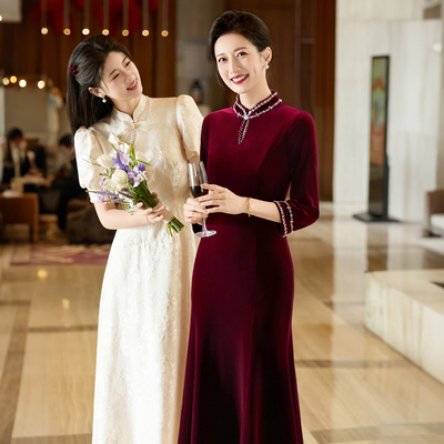 红色丝绒喜婆婆婚宴装旗袍中式婚礼妈妈装结婚礼服高贵年轻小个子