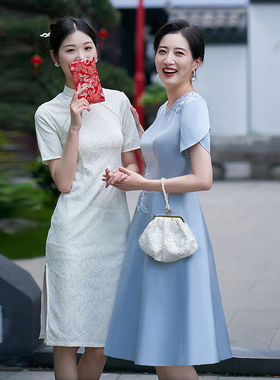 蓝色妈妈婚礼礼服高级感高贵年轻小个子喜婆婆婚宴装喜服平时可穿