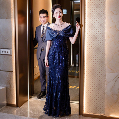 蓝色亮片晚礼服女高级感年会主持人长裙高端喜妈妈婚宴装高贵年轻