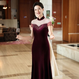 紫红色丝绒喜婆婆婚宴旗袍高贵年轻中式婚礼妈妈装结婚礼服小个子