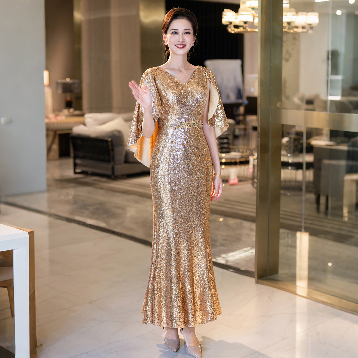 香槟色亮片喜婆婆婚宴装晚礼服女高级感高贵年轻妈妈婚礼服小个子