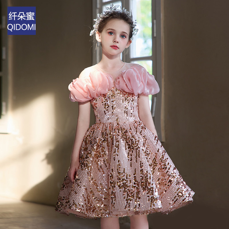 法式女童小礼服秋冬公主裙轻奢小众亮片修身高端生日宴儿童演出服