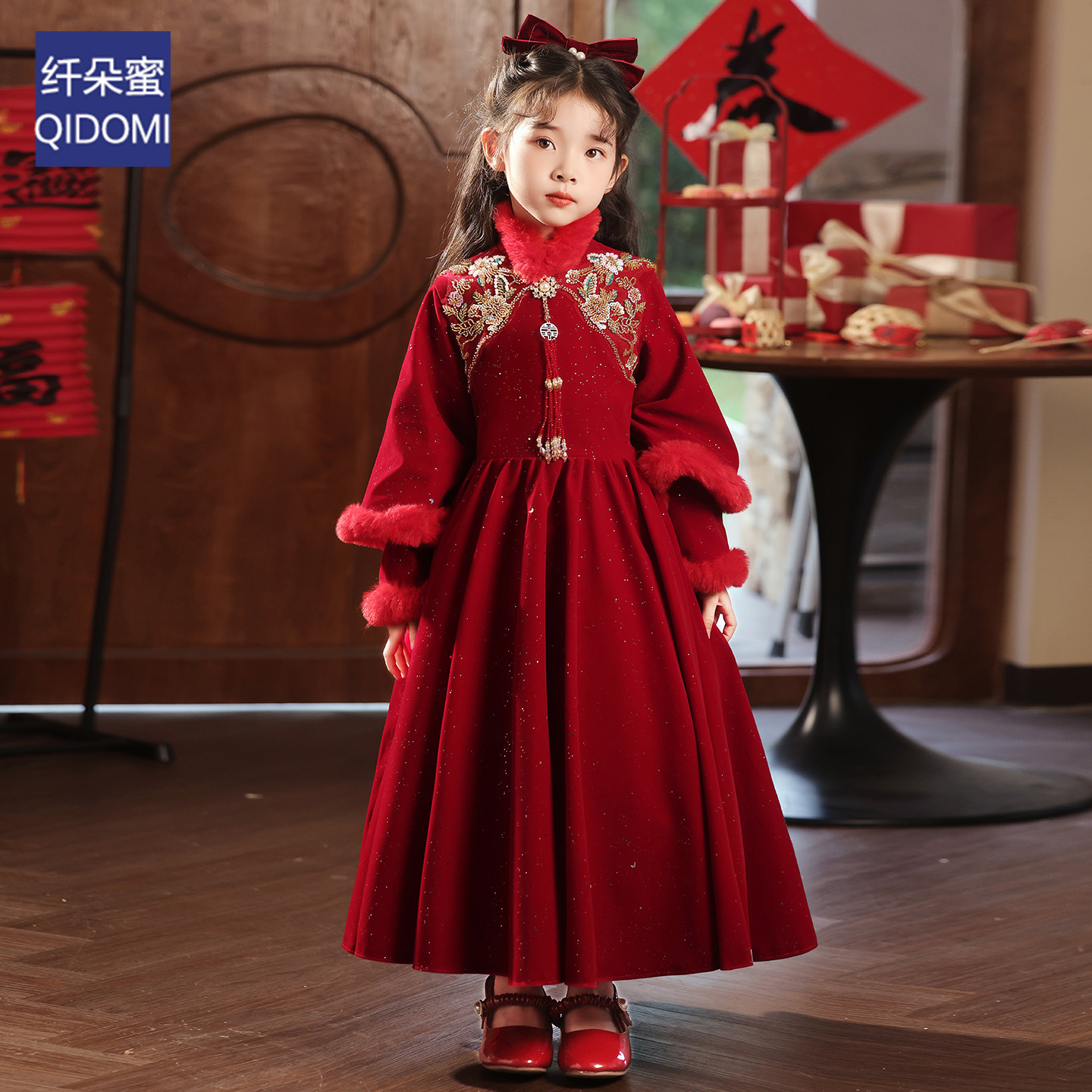 女童旗袍2026新款过年拜年服冬季加绒加厚保暖复古国潮风儿童礼服