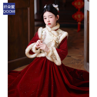 国风公主儿童礼服 过年加绒加厚毛领新中式 女童拜年服2025新款 冬季