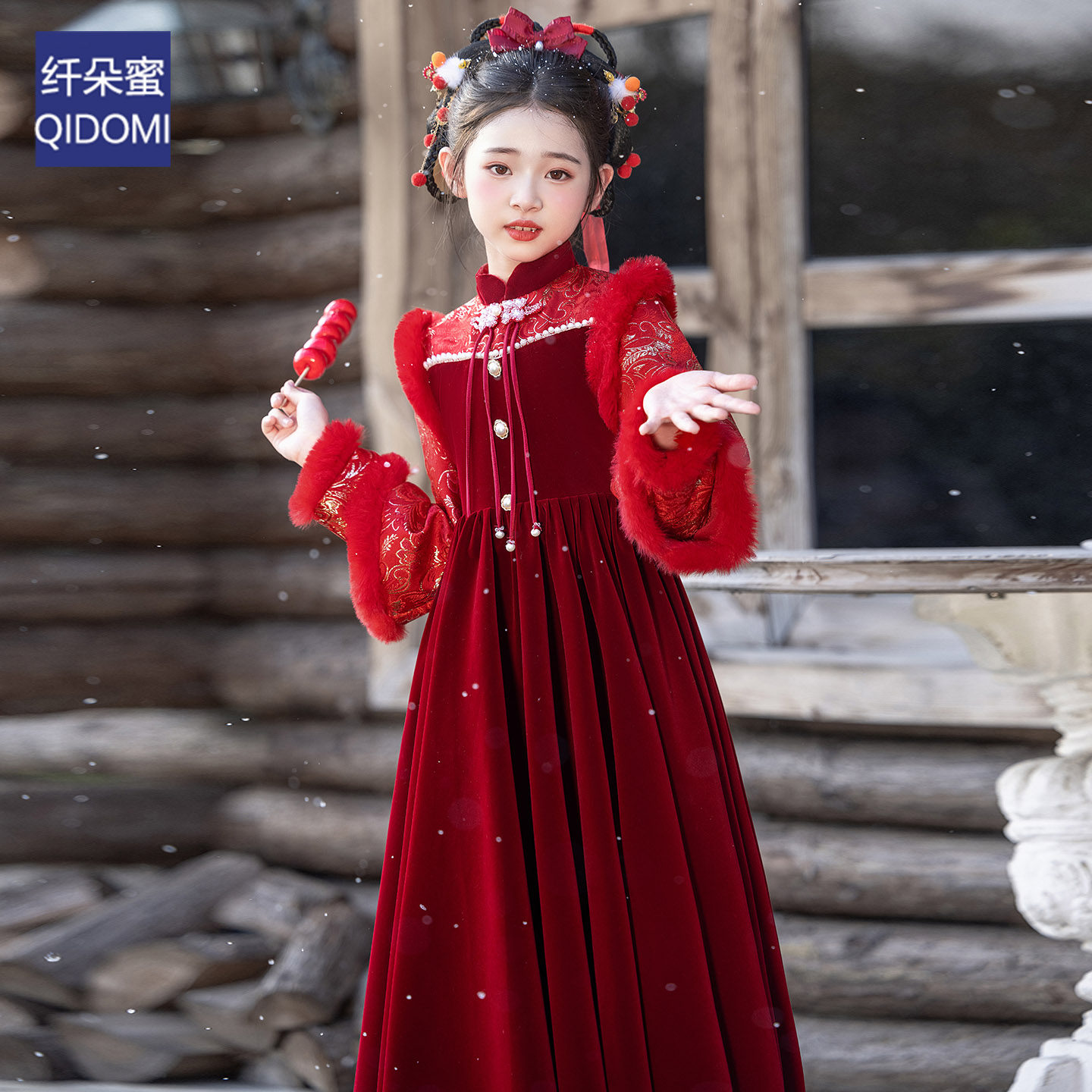 女童晚礼服冬季长袖红色丝绒高级感中式复古儿童过年拜年服公主裙