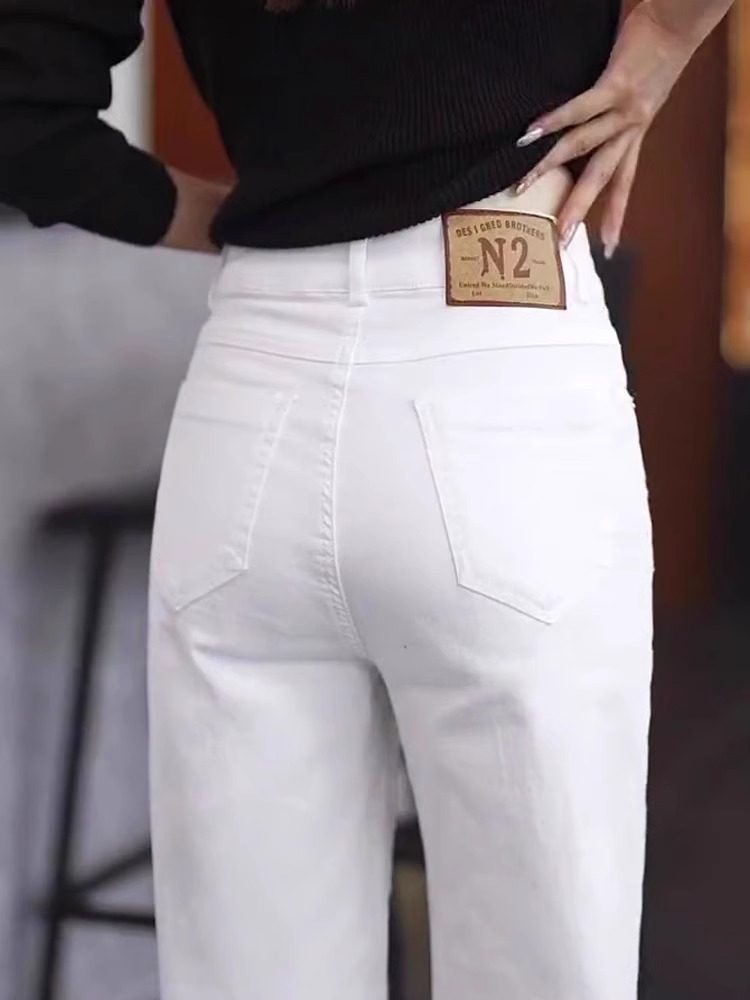 高档纯棉白色柔软垂顺阔腿牛仔裤女春夏长裤薄款高腰弯刀直筒裤子