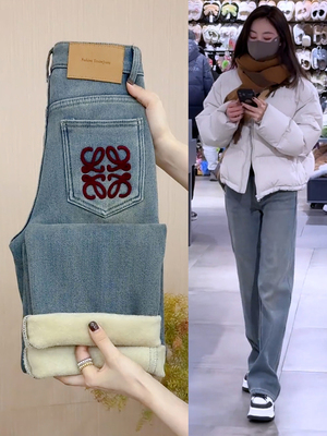 高档加绒加厚浅蓝阔腿牛仔裤女长裤新款秋冬高腰显瘦宽松直筒裤