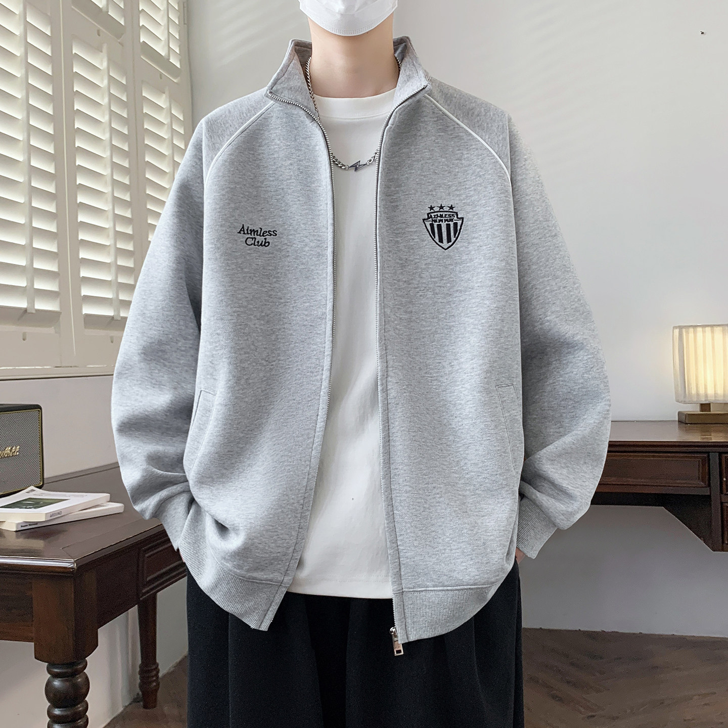 美式重磅开衫卫衣男春秋季刺绣立领外套青少年初高中学生夹克上衣