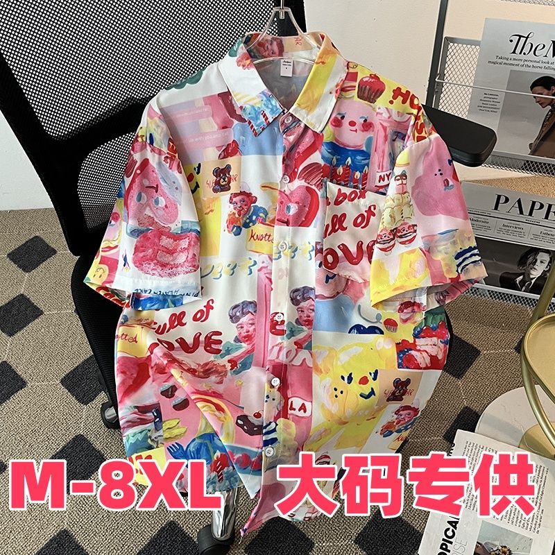 假日风复古短袖花衬衫男女夏季凉感宽松小个子显瘦情侣穿搭上衣潮