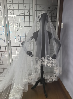 新娘结婚主婚纱头纱超仙森系珍珠花朵拍照头纱手套组合领证登记