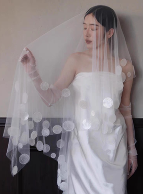 新娘结婚主婚纱头纱超仙森系贝壳花遮面朵拍照头纱领证登记