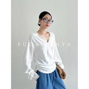 徐大脸吖定制 春褶皱收腰亨利领白色T恤女上衣 透气松弛麻感棉长袖