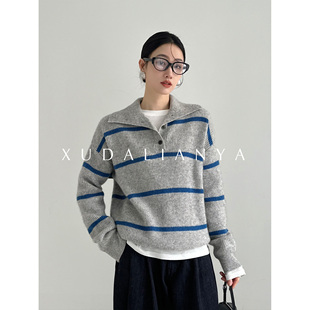 秋冬女拼色条纹polo翻领毛衣 羊毛针织衫 徐大脸吖定制 高智牦牛绒