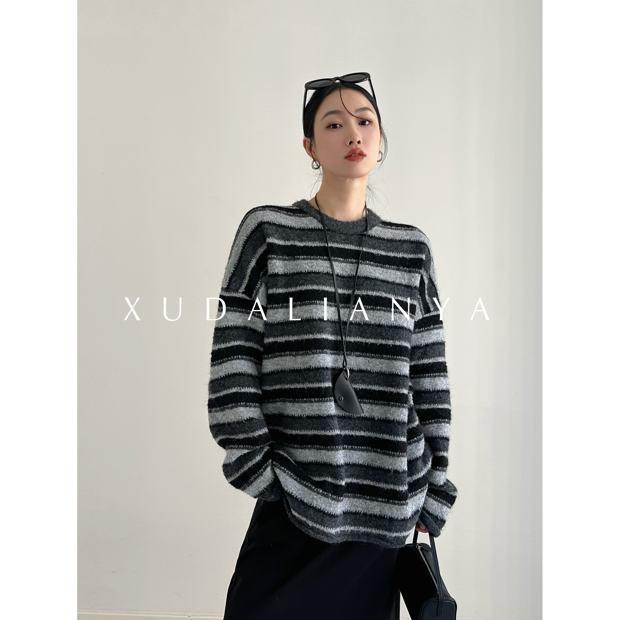 徐大脸吖定制 费尔岛3色彩条纹秋冬羊毛软糯毛衣+流苏围巾上衣女