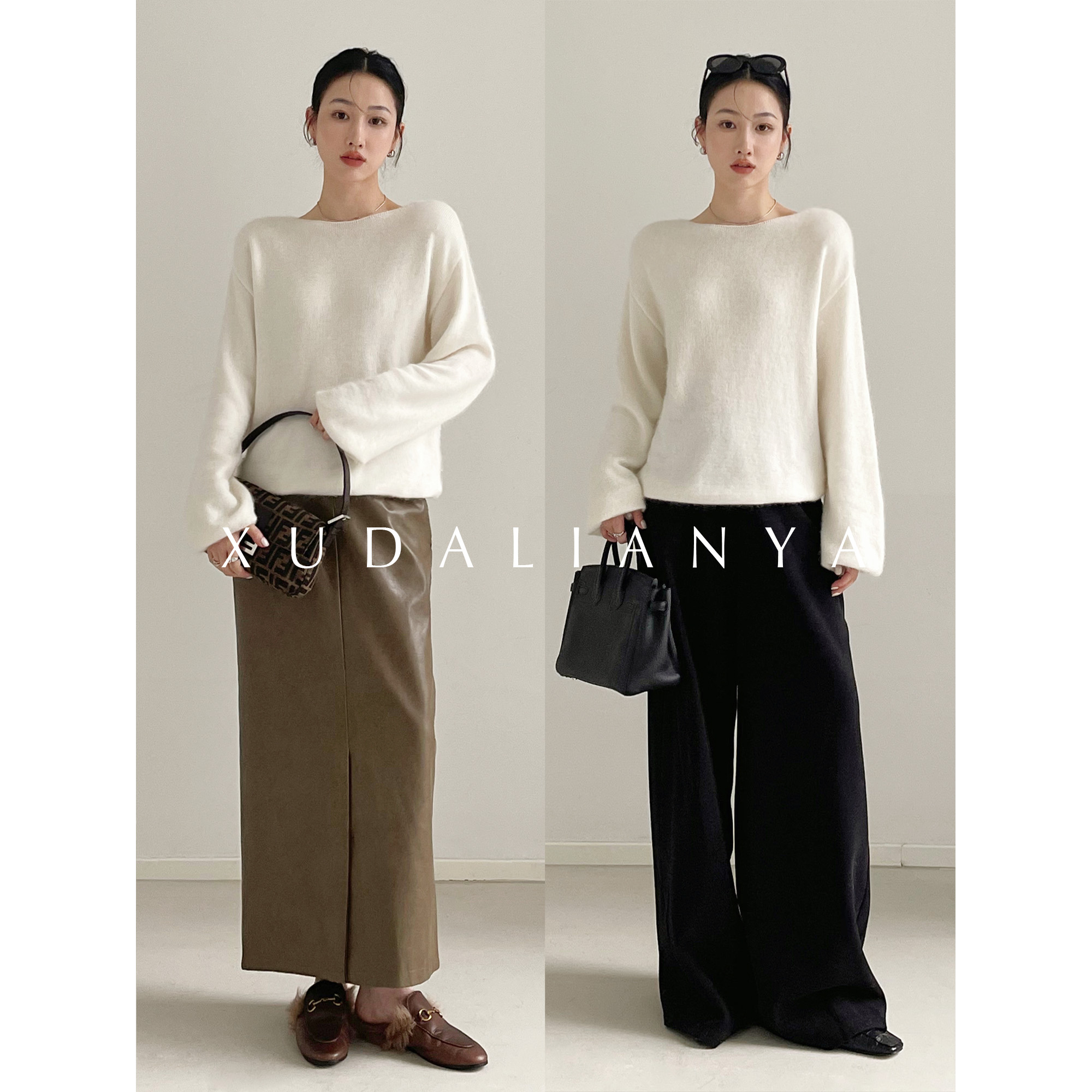 徐大脸吖定制 绵羊毛&浣熊毛针织衫秋冬温柔慵懒绒感一字肩毛衣女