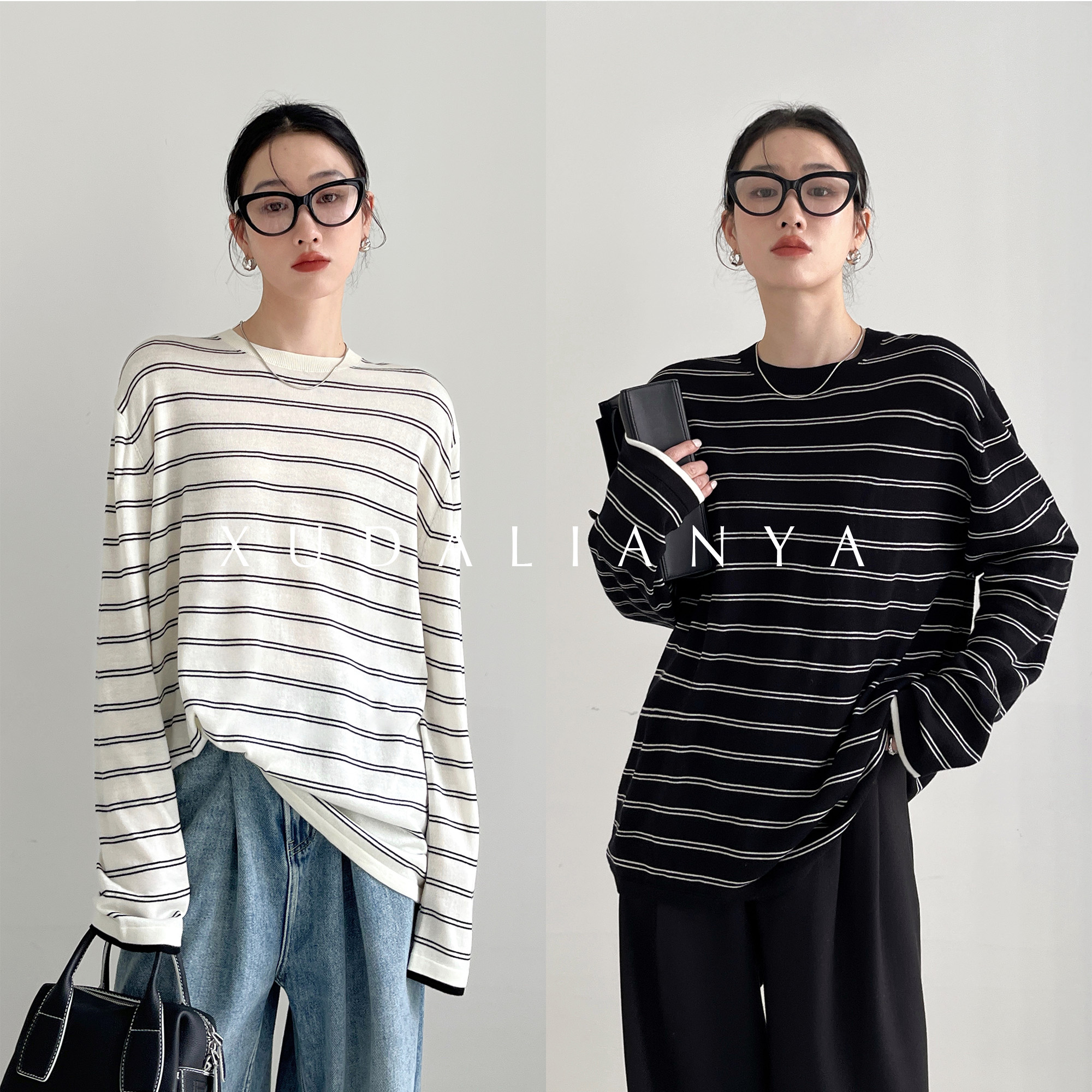 徐大脸吖定制 天丝羊毛桑蚕丝针织衫秋圆领宽松慵懒感条纹上衣女