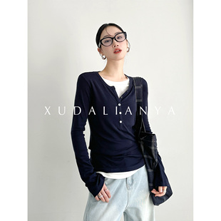 徐大脸吖定制 上衣春秋假两件亨利领T恤女 m1u系高智感显瘦打底衫